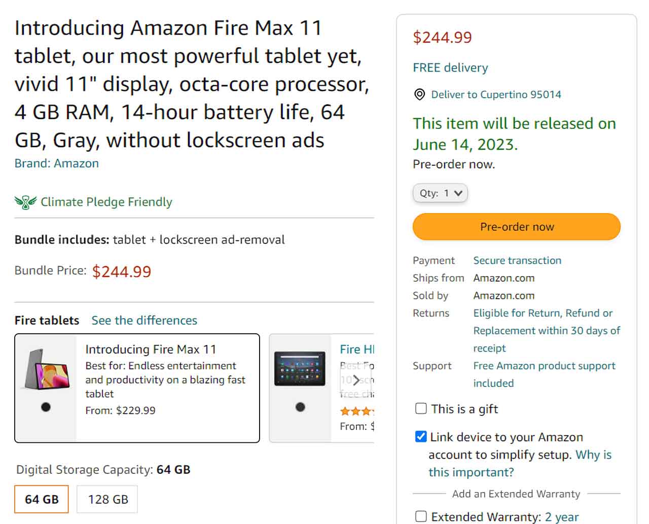 Amazon Fireタブレット Fire Max 11 64GBモデル $244.99 34,980円
