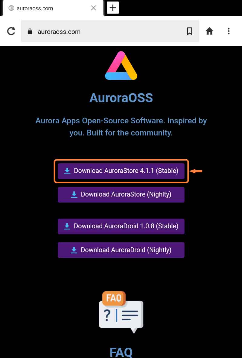 「Download AuroraStore X.X.X (Stable)」をタップ