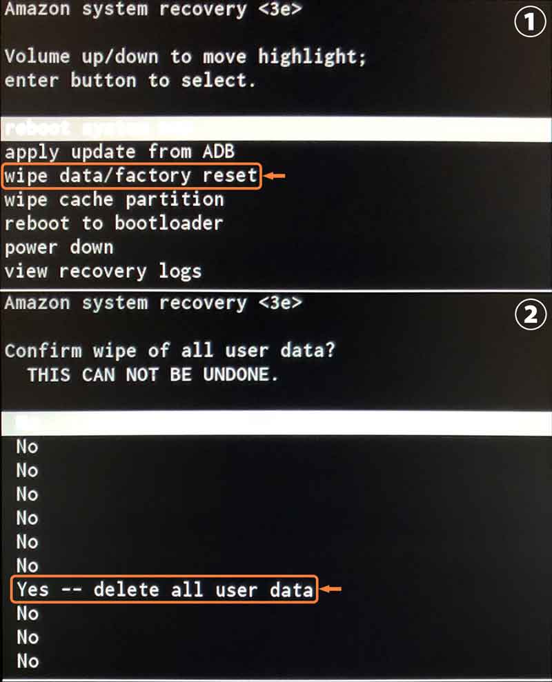 [wipe data/factory reset]を選択、[Yes -- delete all user data]を選択