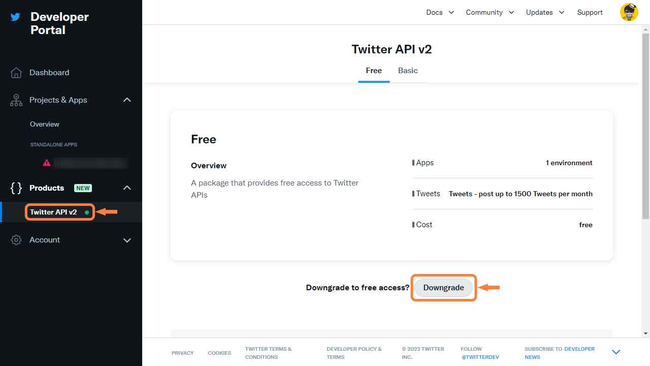 Twitter API v2、Downgradeをクリック